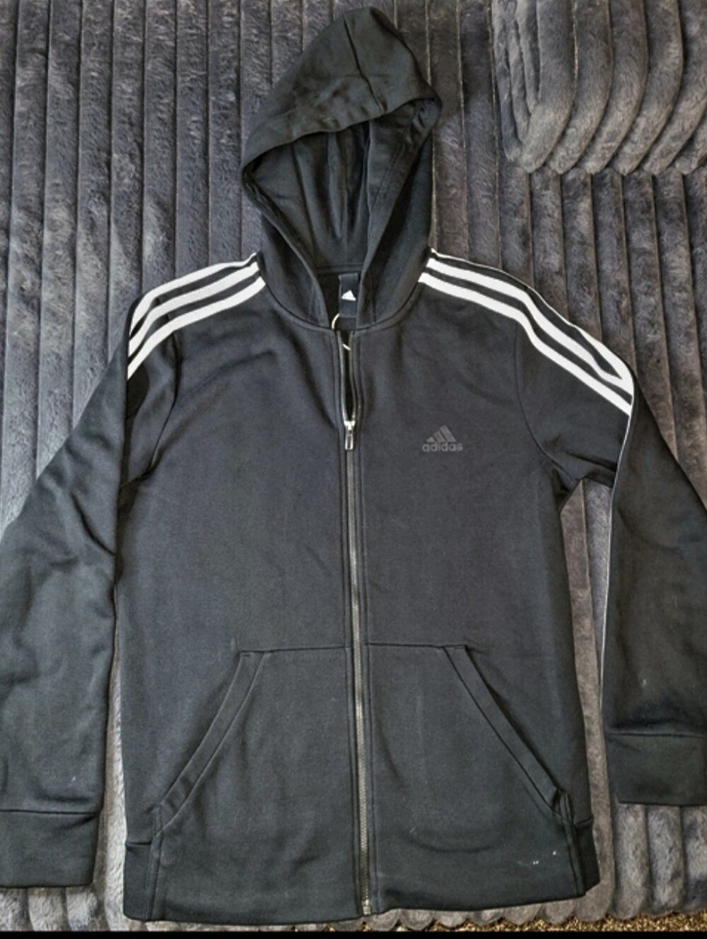 NEW...Adidas Black Zip-Up Hoodie with White Stripes